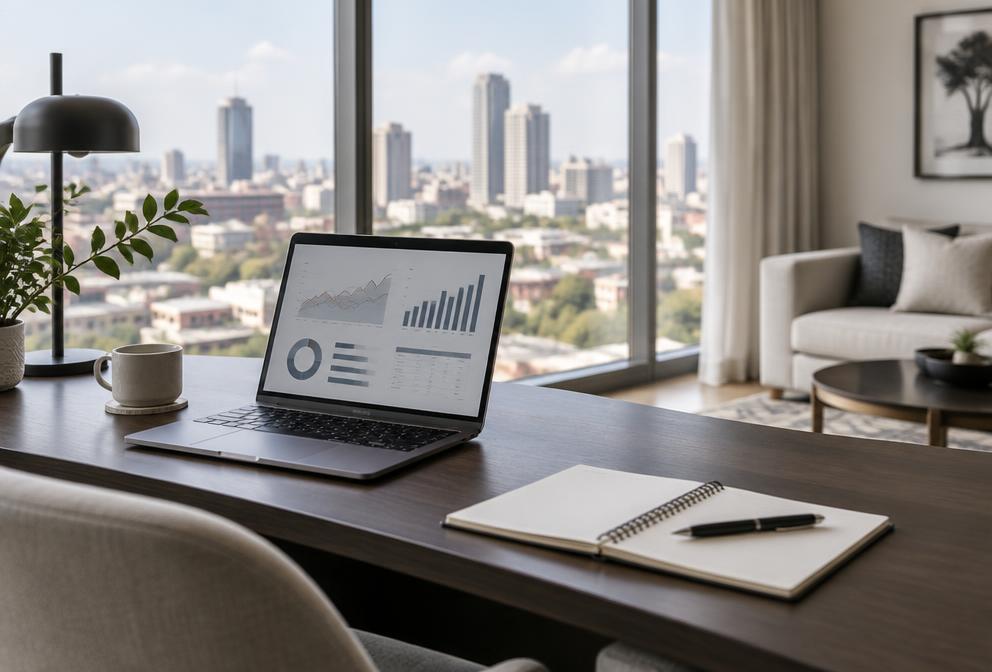 Property performance charts on a laptop